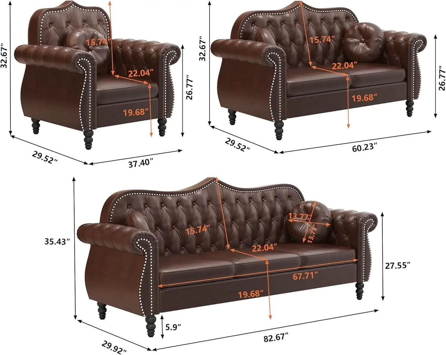 2 Piece Living Room Set Mid-Century Modern Chesterfield Chair Loveseat in Brown PU Leather Edition from PriceLows™