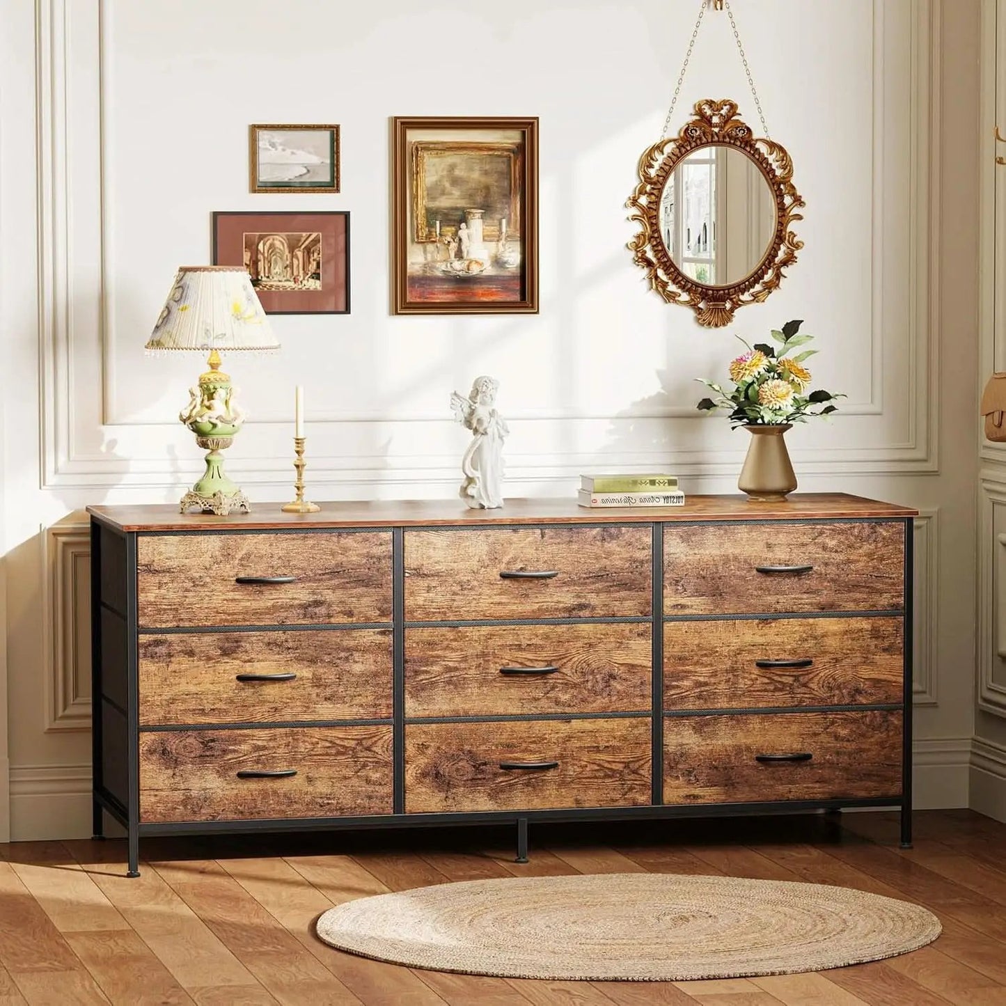 55 Inch Dresser TV Stand With 9 Fabric Drawers Rustic Brown from PriceLows™
