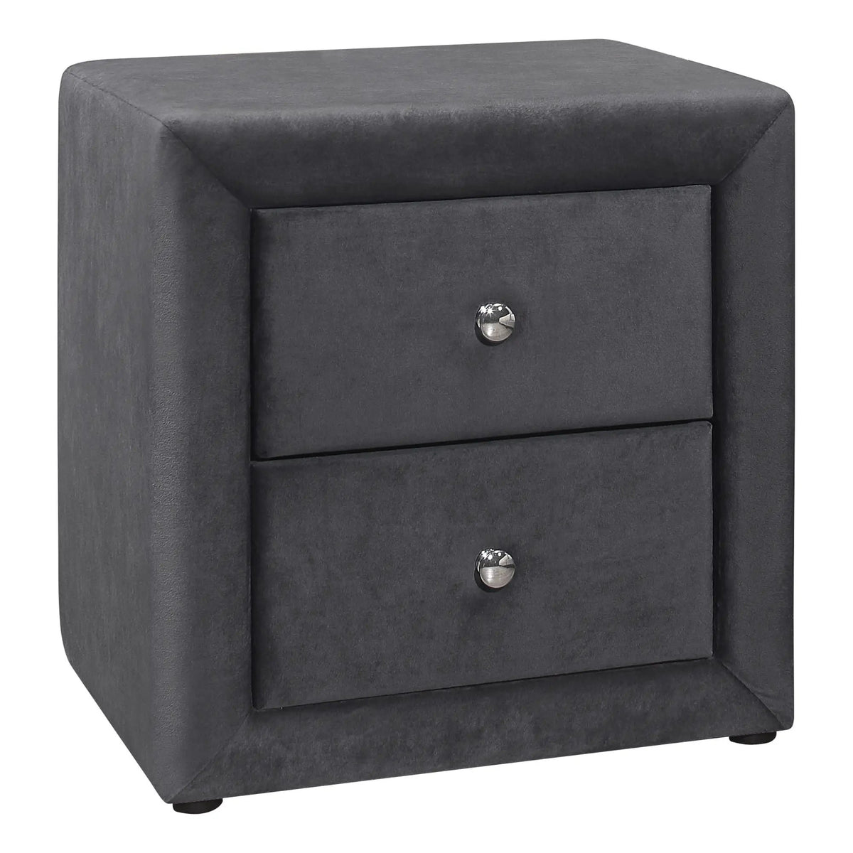 Upholstered Nightstand | Transitional Style | Two Storage Drawers | Metal Drawer Knobs