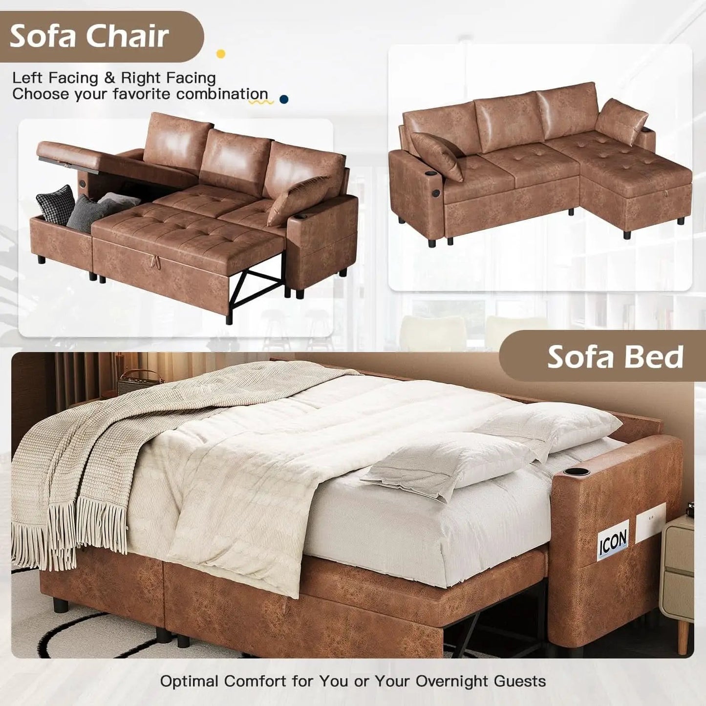 Brown Leather Sleeper Sofa Bed With Storage from PriceLows™