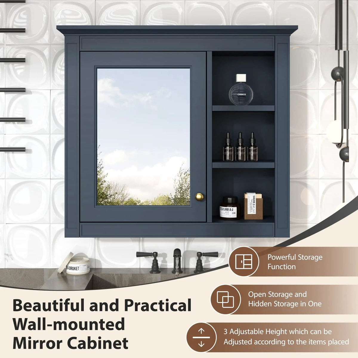 Modern Wall Mounted Medicine Cabinet | 3 Open Shelves | Mirror Door