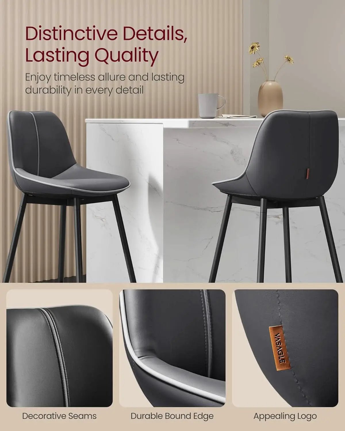 Bar Stools Set Of 2 Ink Black Synthetic Leather Bar Height Back Ergonomic from PriceLows™