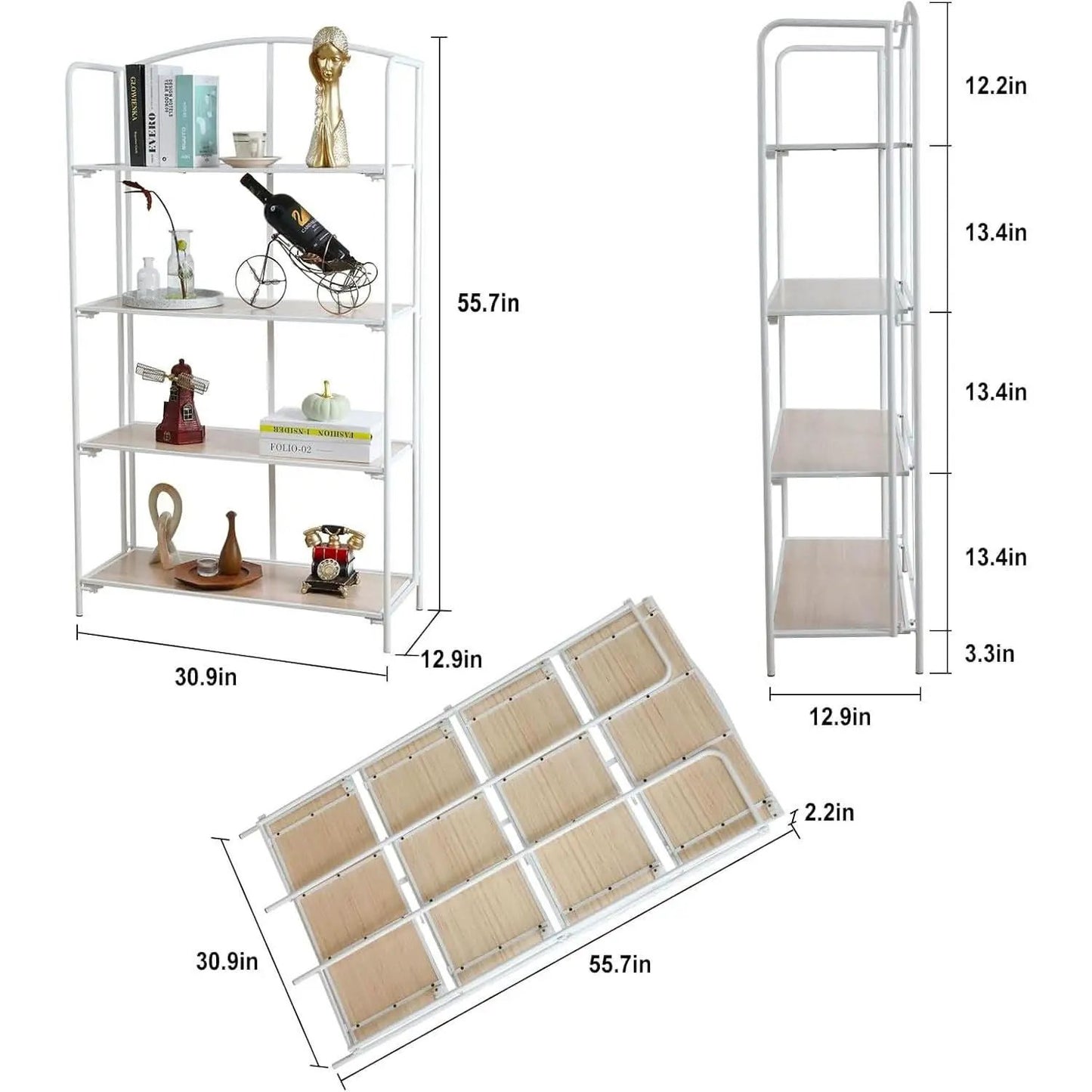 No Assembly Foldable Bookshelf 4 Tier White Bookcase from PriceLows™