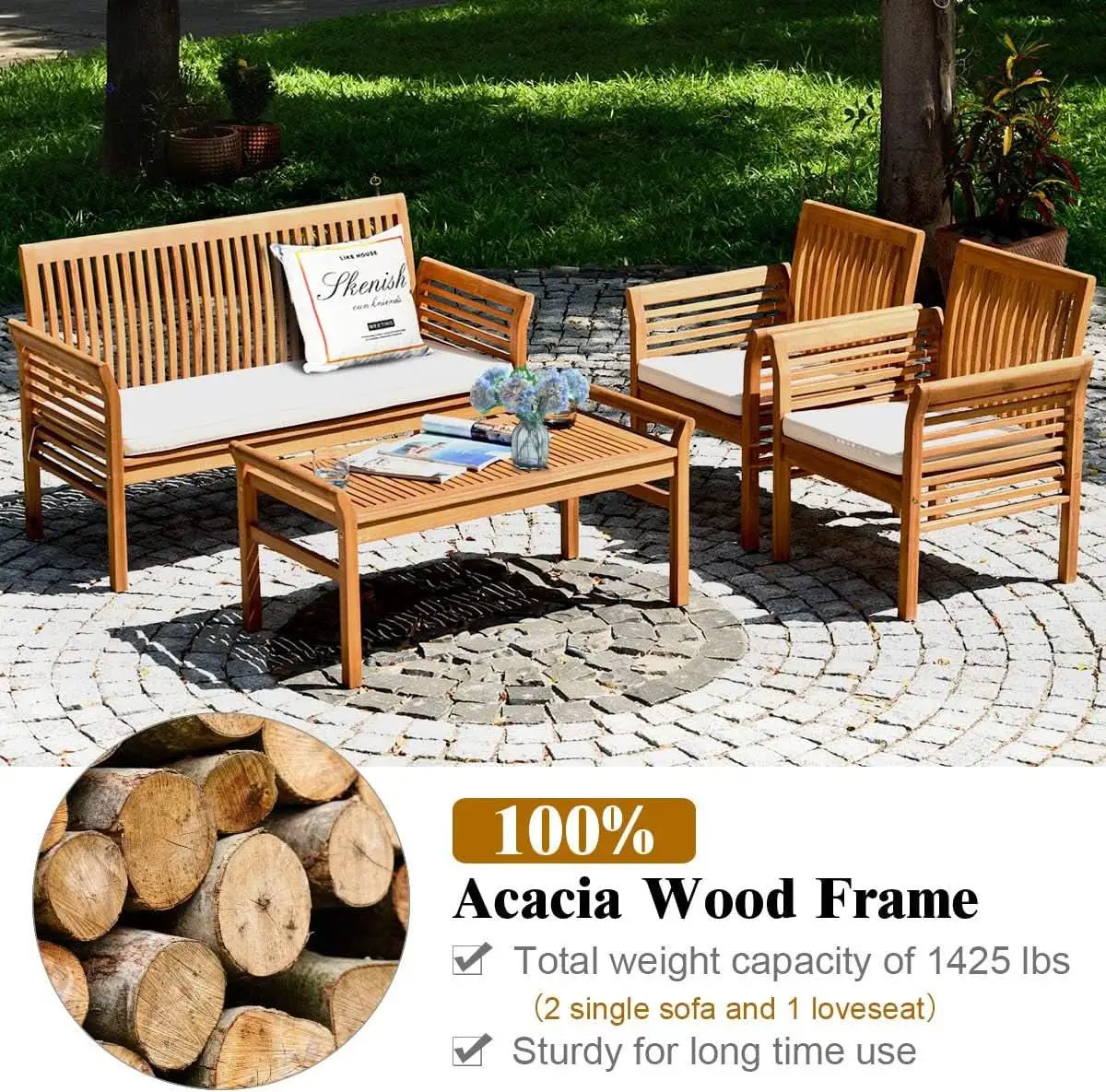 Outdoor Acacia Wood 4 Piece Sofa Set With Water Resistant Cushions Coffee Table from PriceLows™