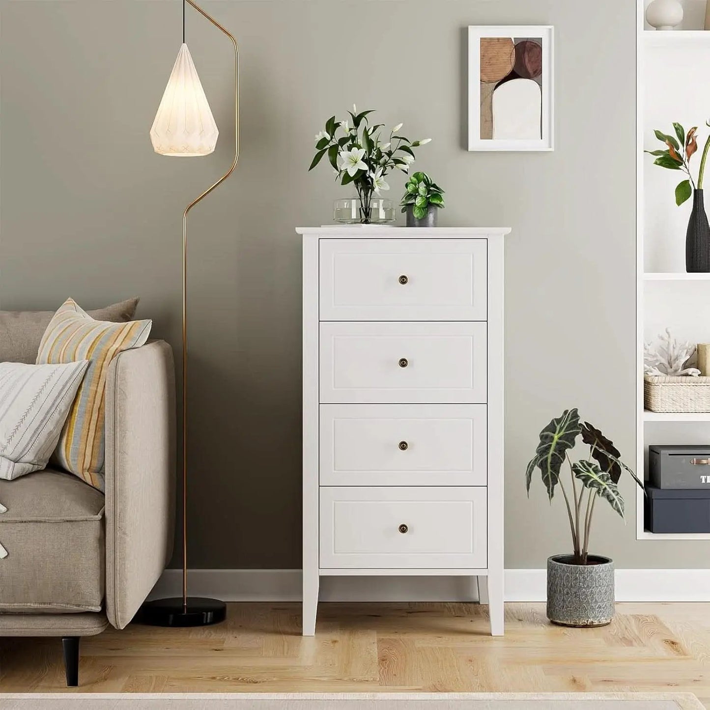 White Antique Four Drawer Dresser With Hardwood Storage from PriceLows™