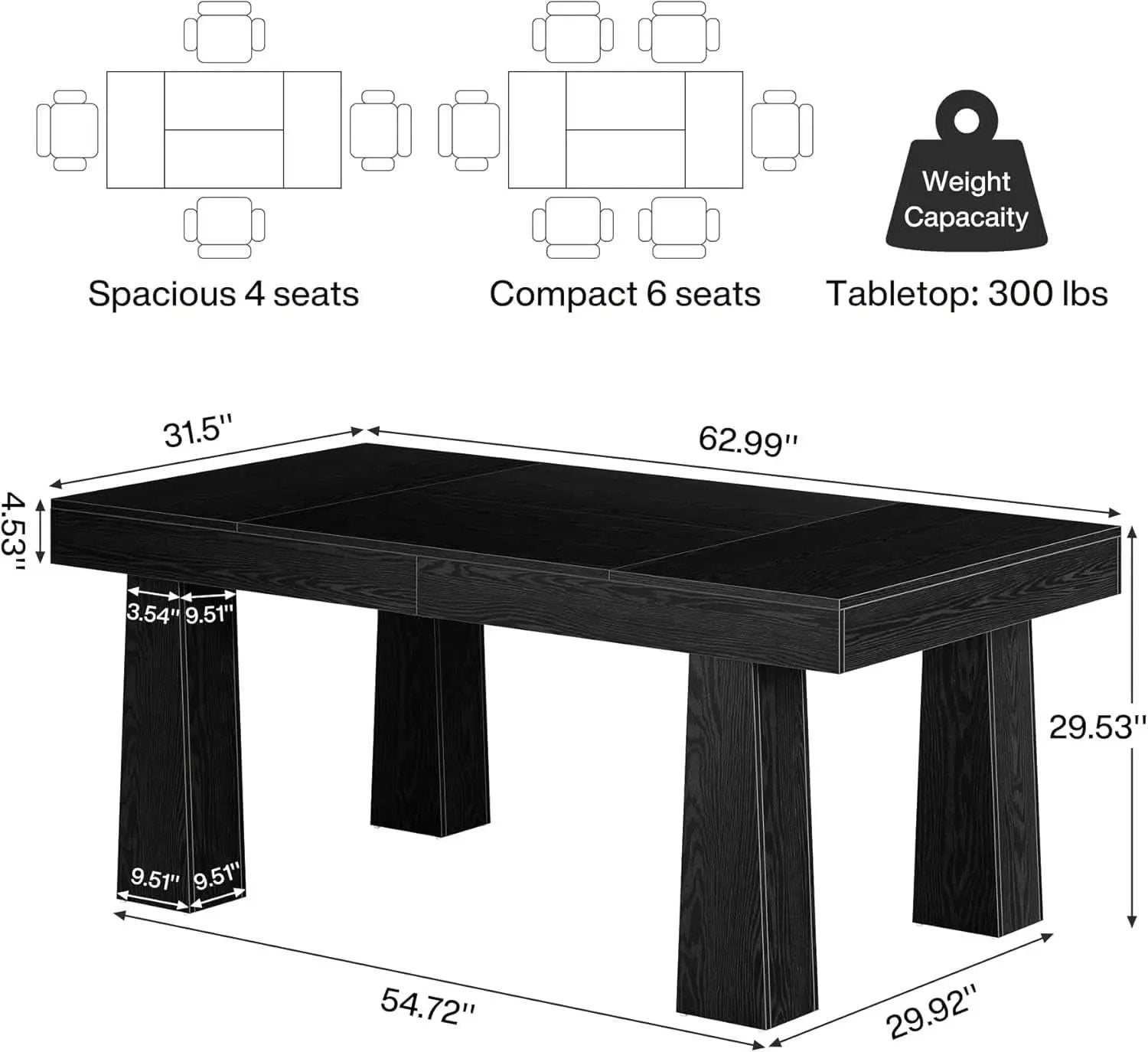 63 Inch Black Rectangular Dining Table With Heavy Duty Legs from PriceLows™