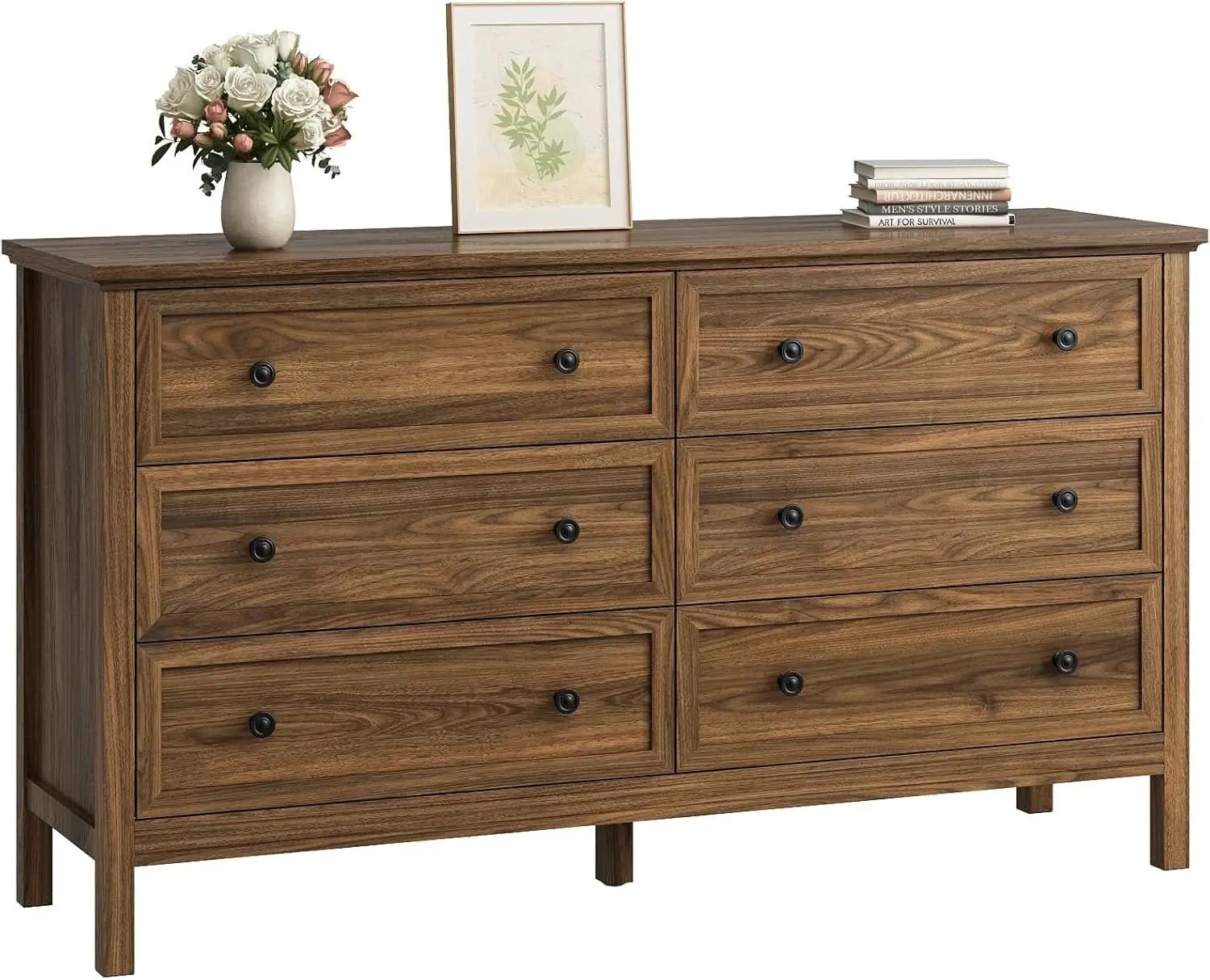 55 Inch Walnut Dresser With Six Drawers For Bedroom from PriceLows™