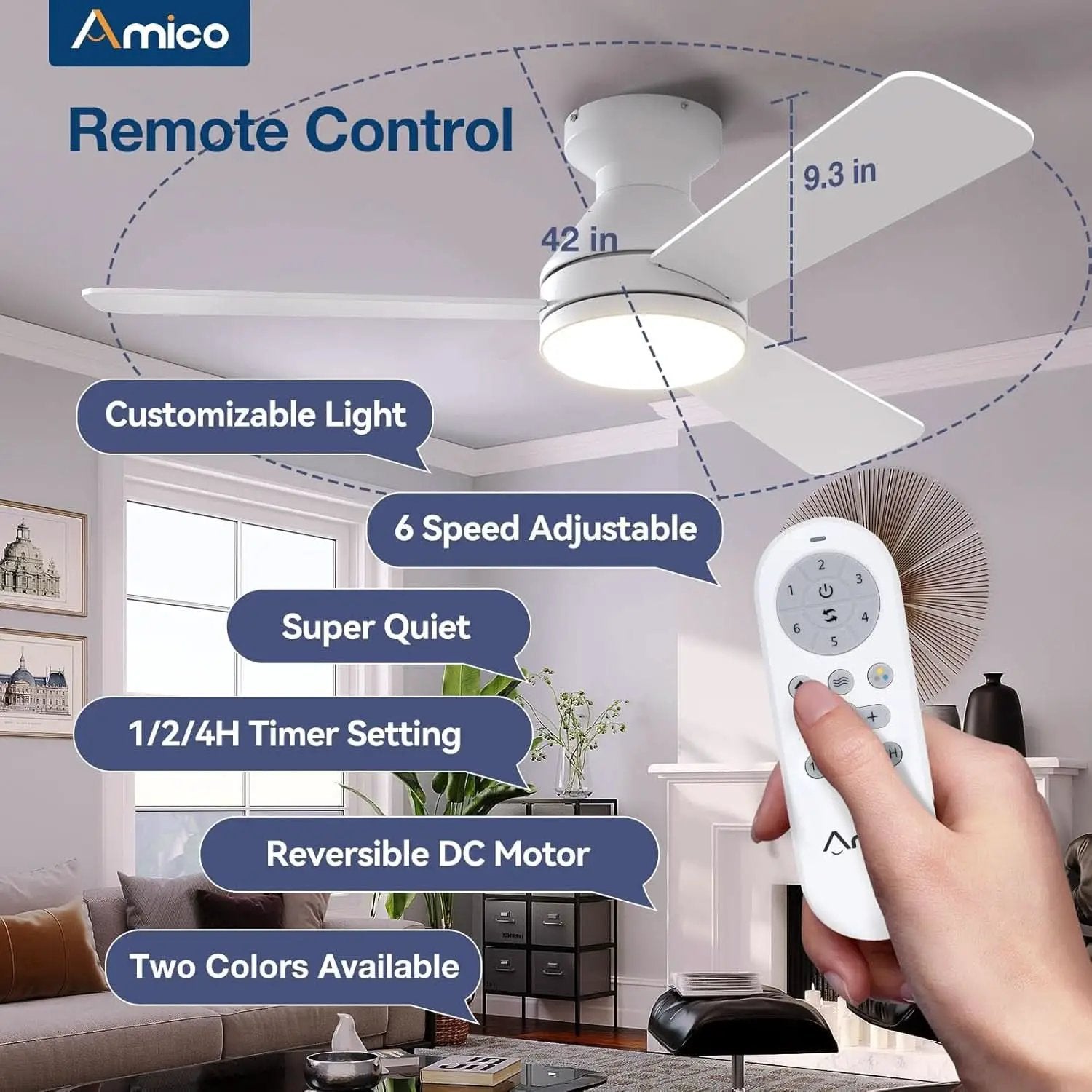 42 Inch White Ceiling Fan With Remote Control And Dimmable Lights from PriceLows™