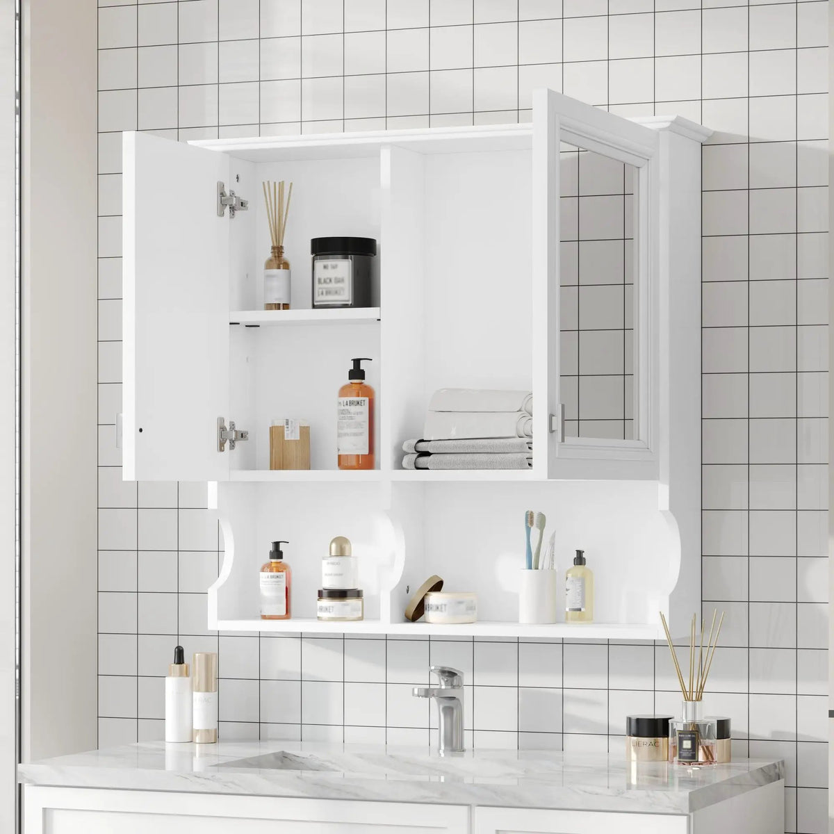 Wall Mounted Mirror Medicine Cabinet | 30 Inch Width | Doors And Open Shelves | Adjustable Shelf