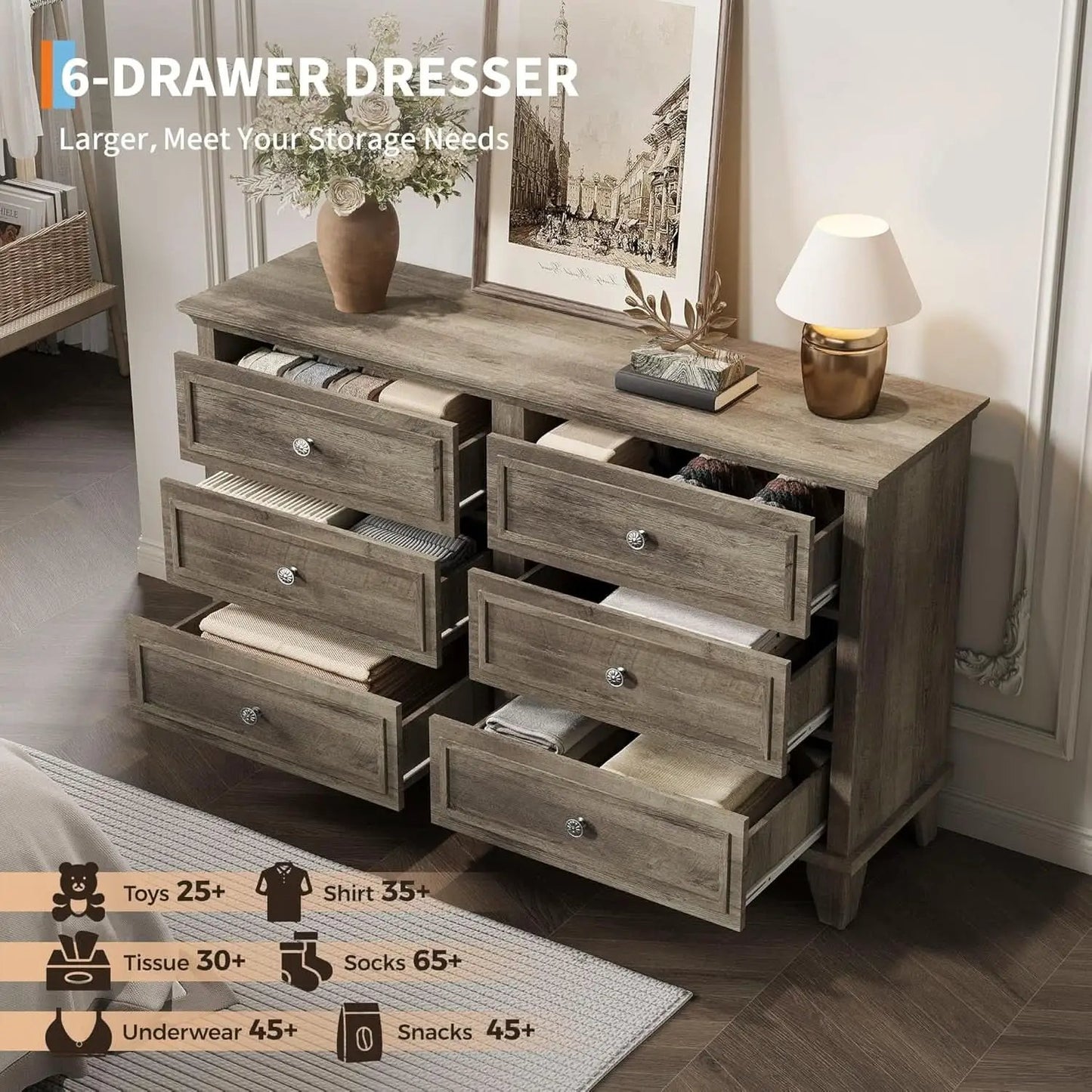 Grey Substantial Six Drawers Dresser With Hardware from PriceLows™