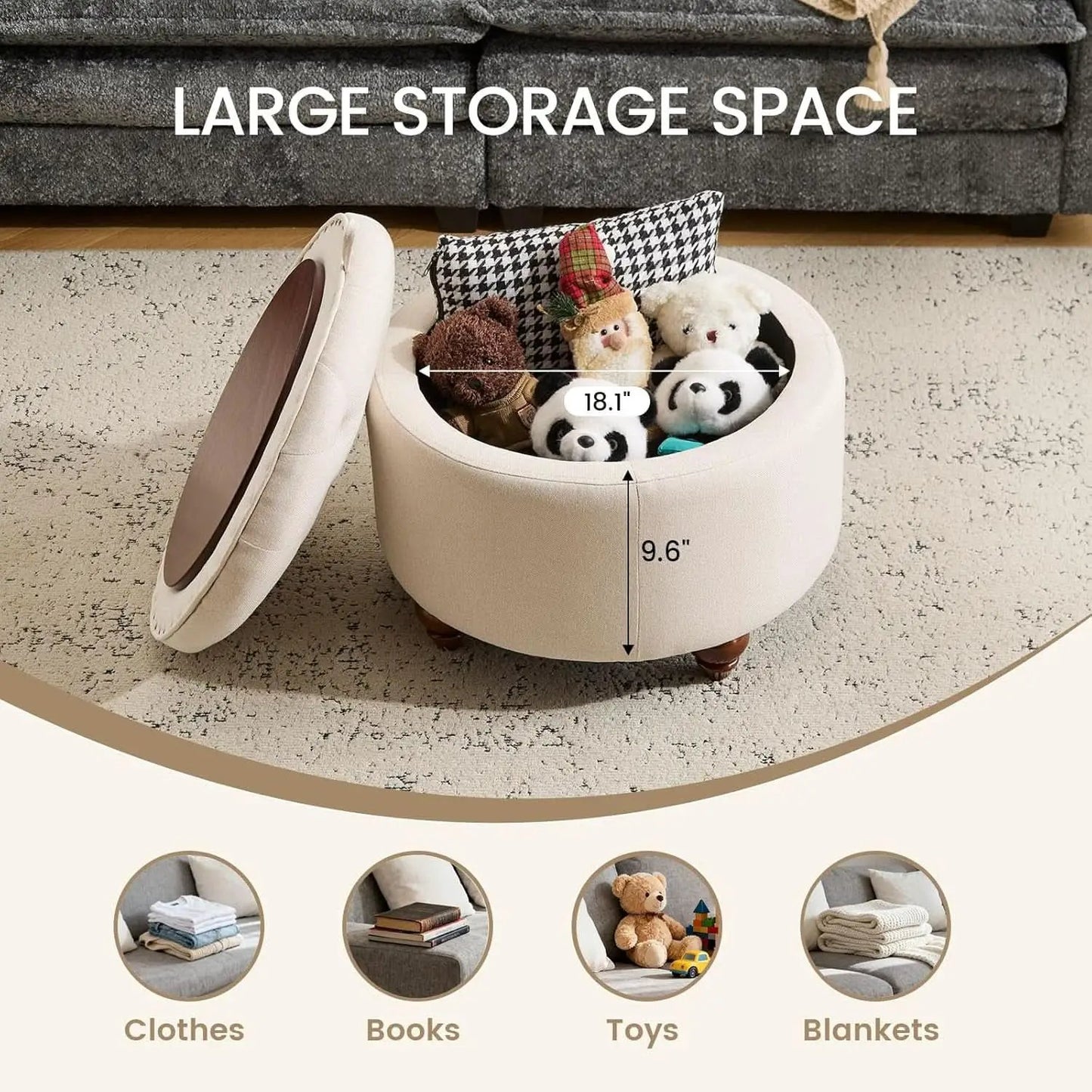 24 Inch Round Khaki Storage Ottoman Removable Top Cover from PriceLows™