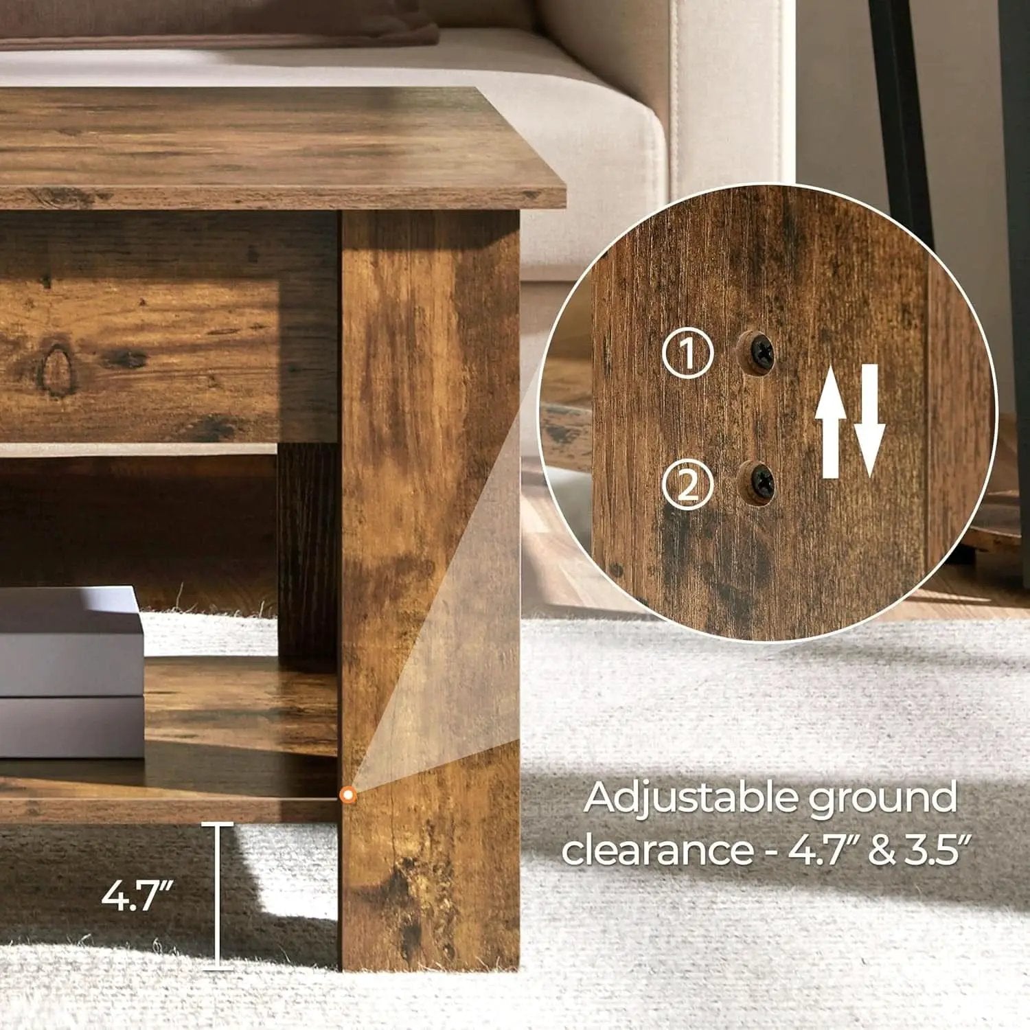 Coffee Table 47.5 Inch Lift Top With Hidden Compartment Rustic Brown from PriceLows™
