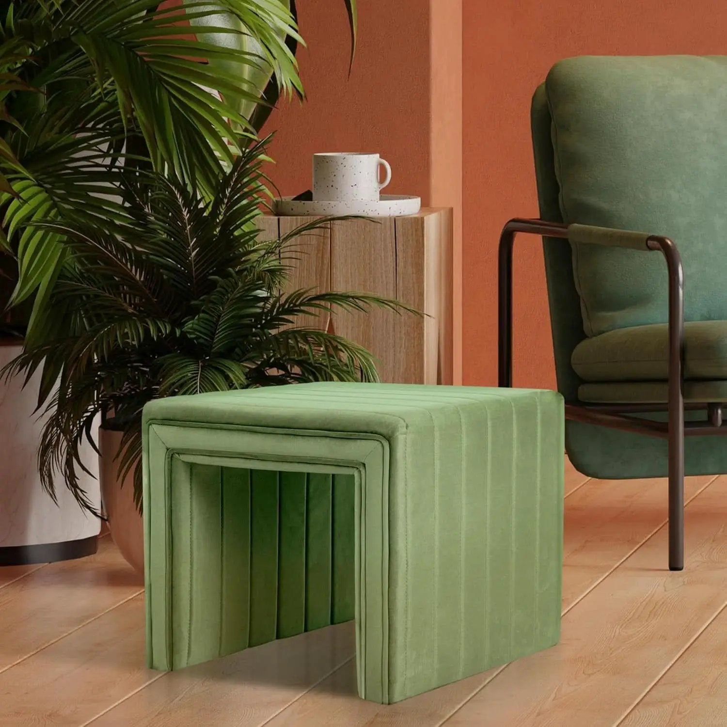 Green Velvety Tufted Ottoman Footstool 18.5 Inches from PriceLows™