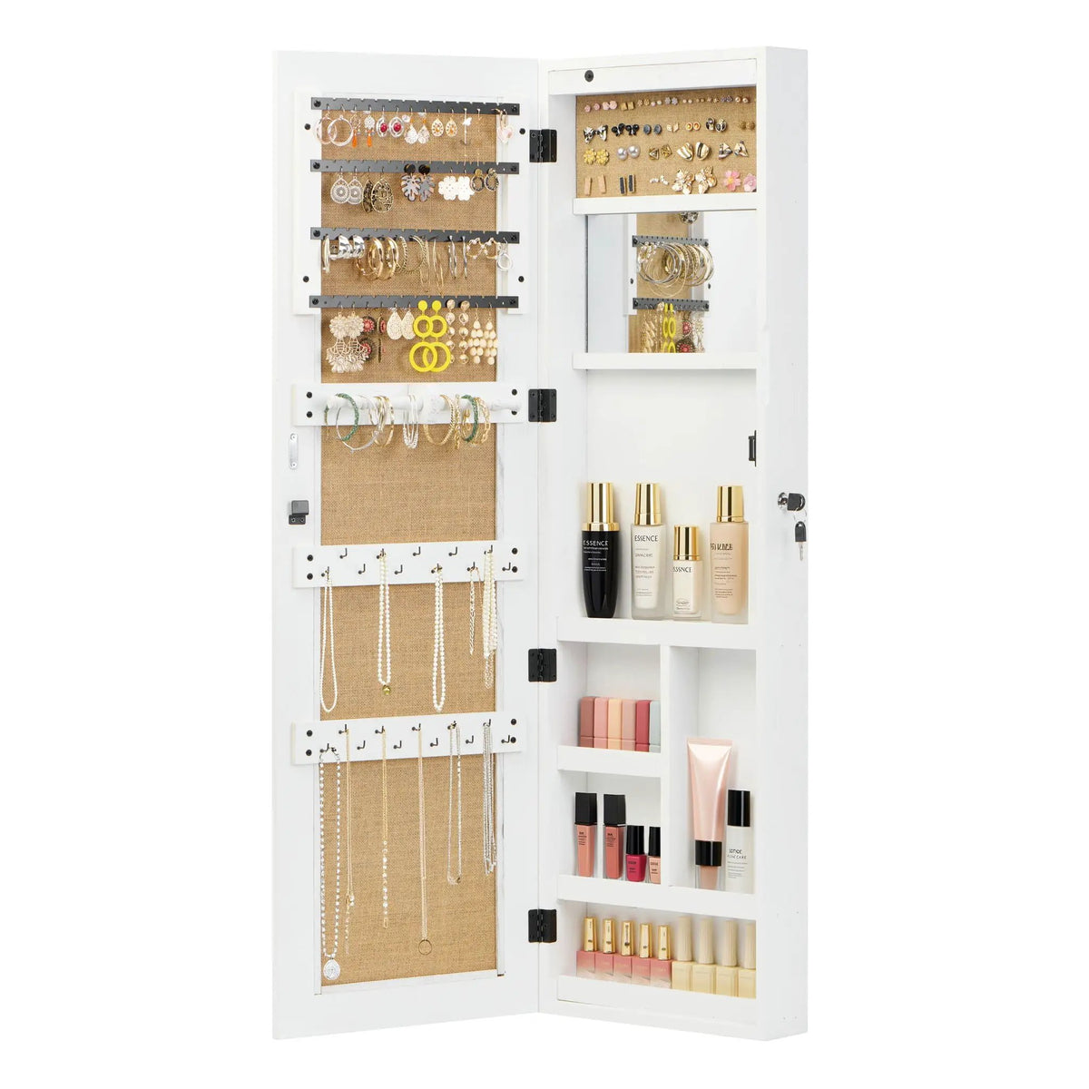 Jewelry Armoire With Full Length Mirror | Lockable Wall Mounted Cabinet | LED Light | Over The Door Use