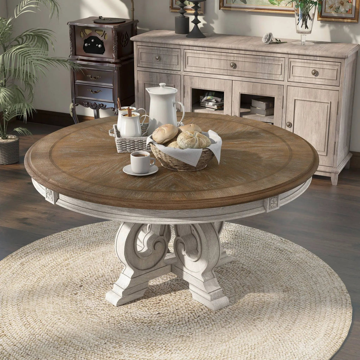 Round Dining Set | 7-Piece | Rustic Style | Pedestal Base Table With Side Chairs
