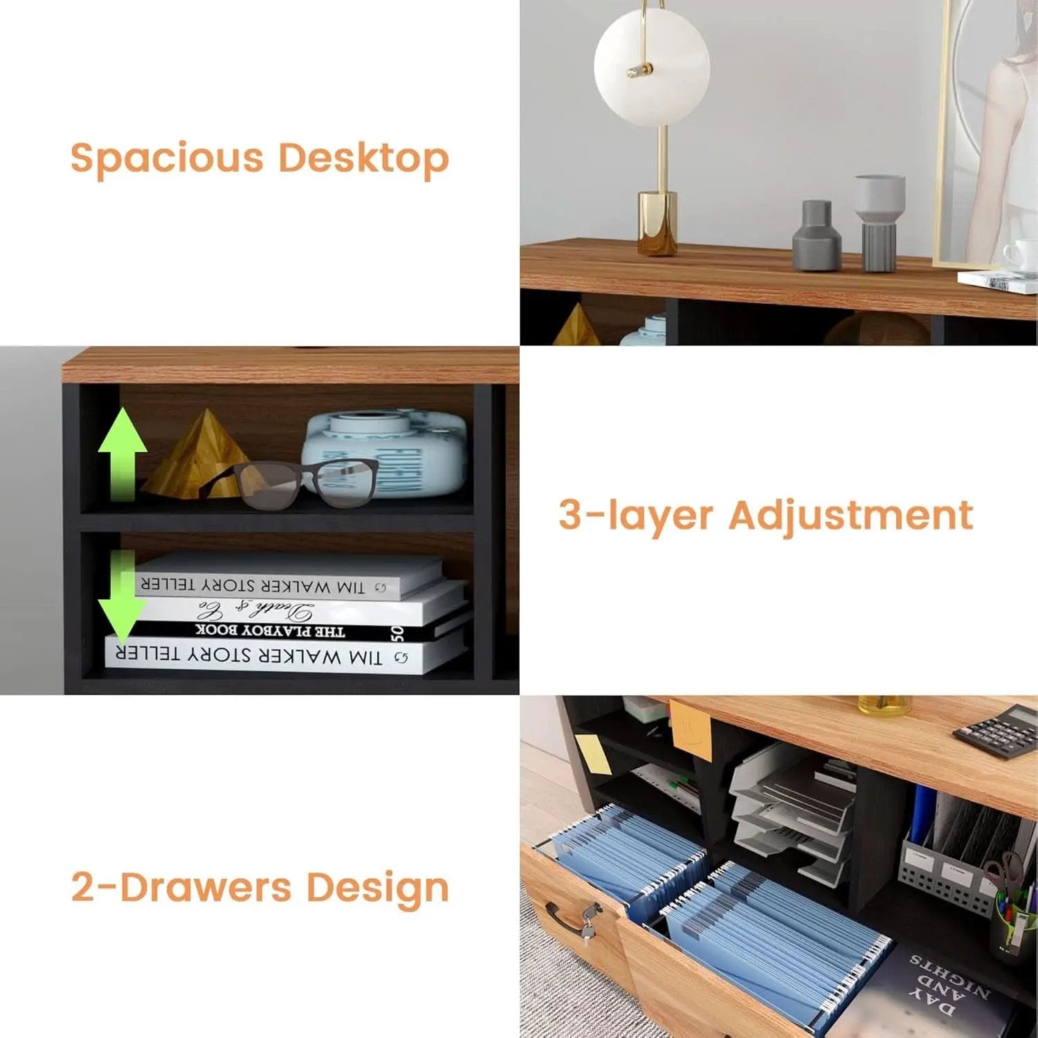 Wooden 2 Drawer File Cabinet Lockable Rolling with Adjustable Shelves Rustic Brown and Black from PriceLows™