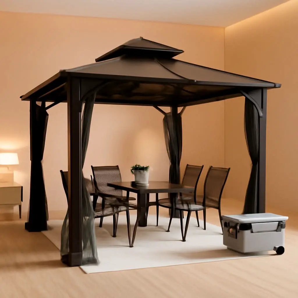 10x12 Brown Hardtop Gazebo With Steel Frame And Netting For Outdoor Patio Garden Canopy Shelter from PriceLows™