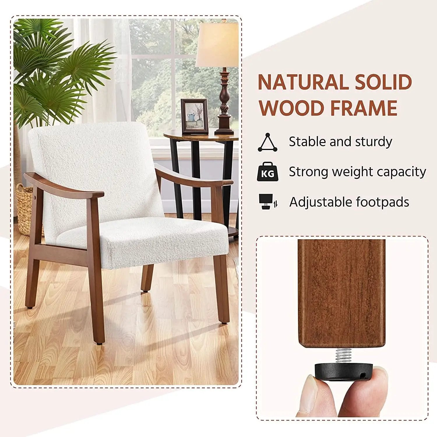 Mid Century Ivory Accent Chair With Wood Legs Boucle Upholstery from PriceLows™