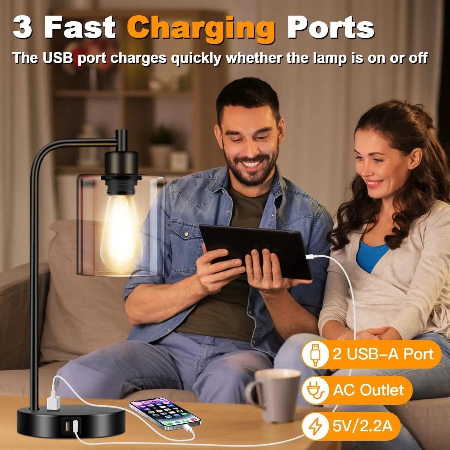 Black Industrial Touch Control Table Lamps With USB Ports from PriceLows™
