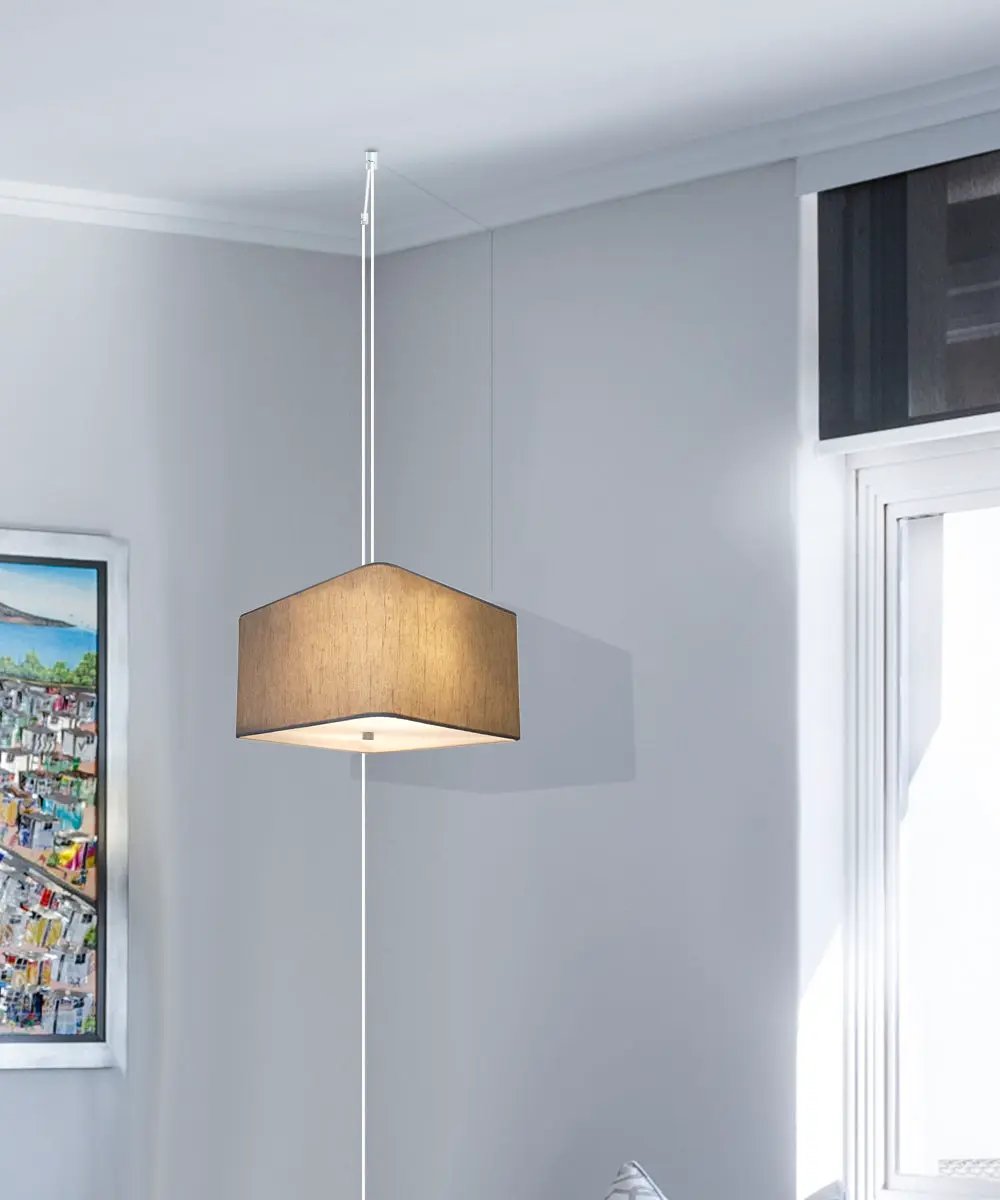 2 Light Plug In Swag Pendant | 16 Inch Width | Oatmeal Drum Shade | White