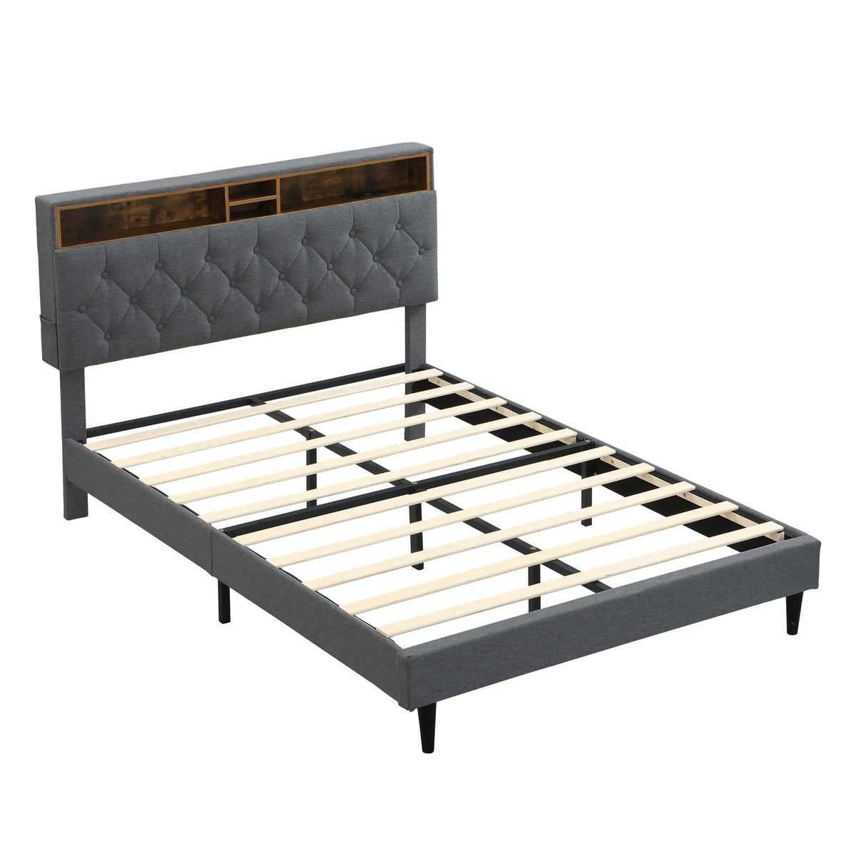 Upholstered Platform Bed Frame | Button Tufted Headboard | Two Storage Compartments | USB Ports And Outlets