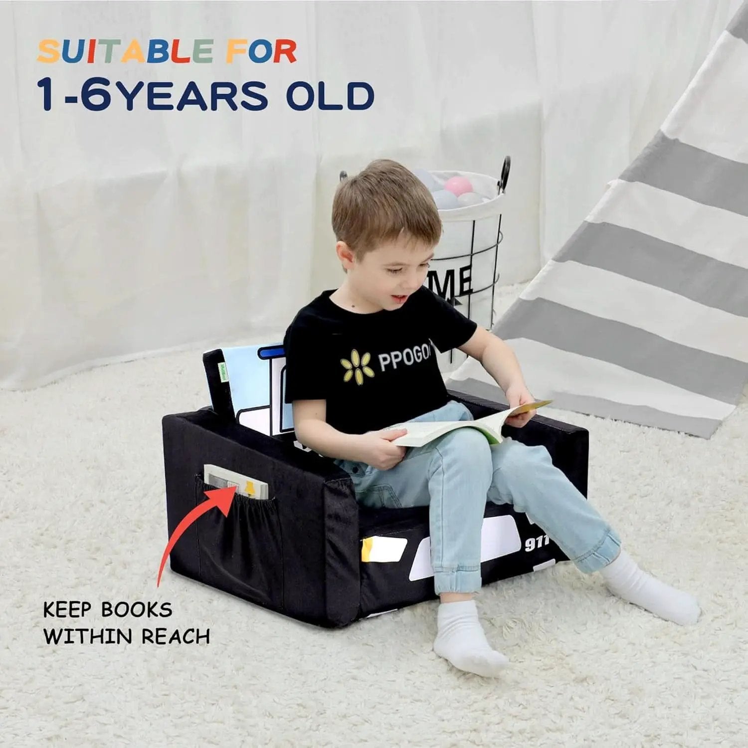 Kids Sofa Bed Black With Storage Pockets For Playroom from PriceLows™