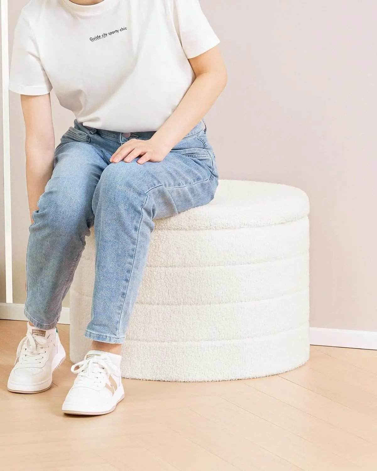 White Twenty TwoIn Round Sherpa Boucle Ottoman Tray from PriceLows™