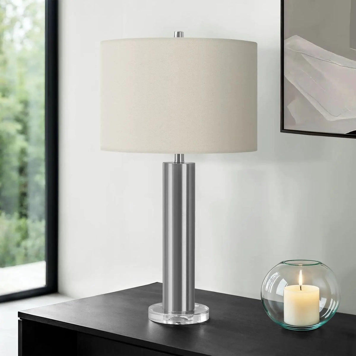 Metal Cylinder Table Lamp | Clear Acrylic Accent | 27.5 Inch Height | 3-Way Rotary Switch