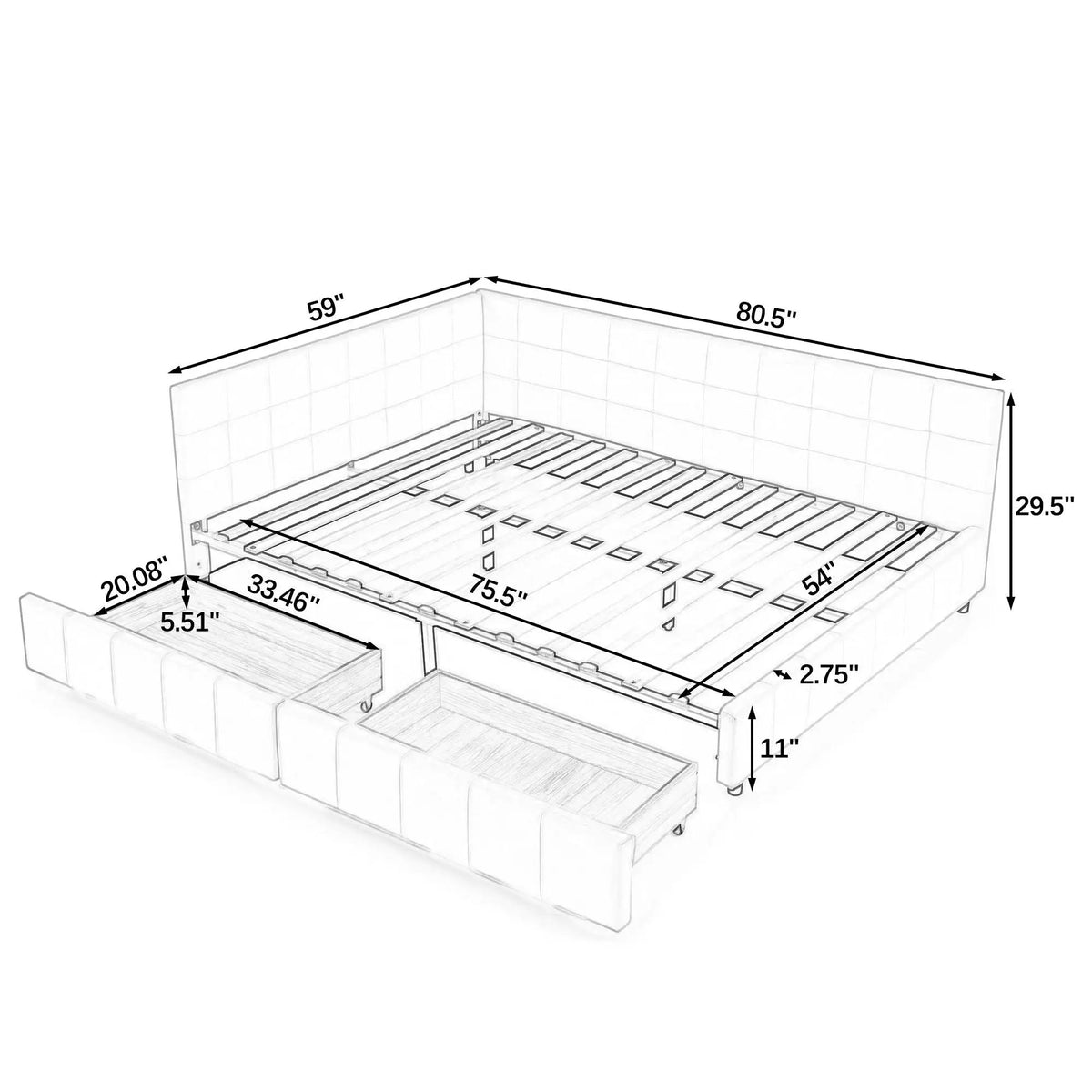 Mid-Century Storage Bed Frame | Upholstered Tufted Design | Backrest And Armrests | Bed Or Sofa Use