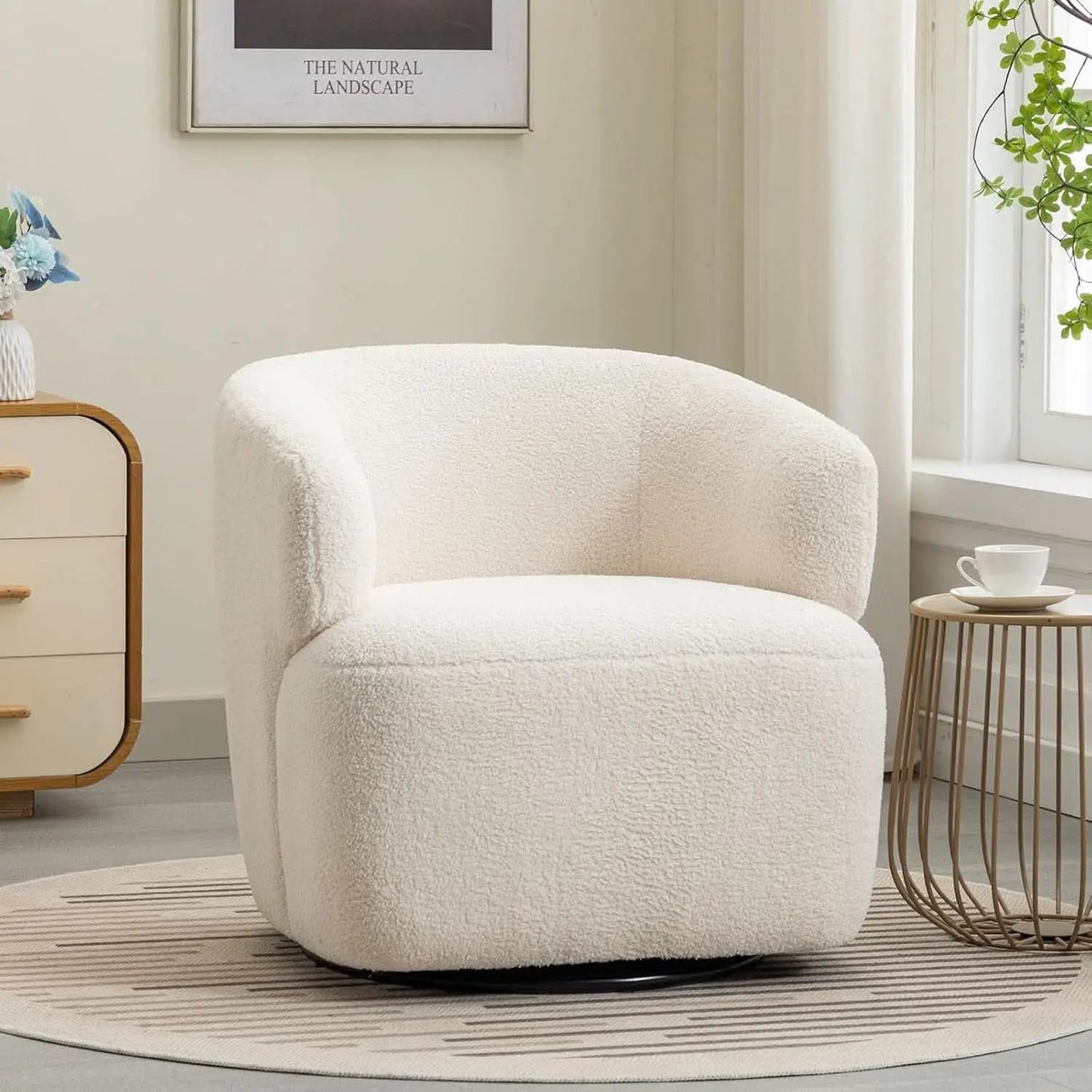 Beige Sherpa Boucle Swivel Barrel Chair Deluxe Premium from PriceLows™