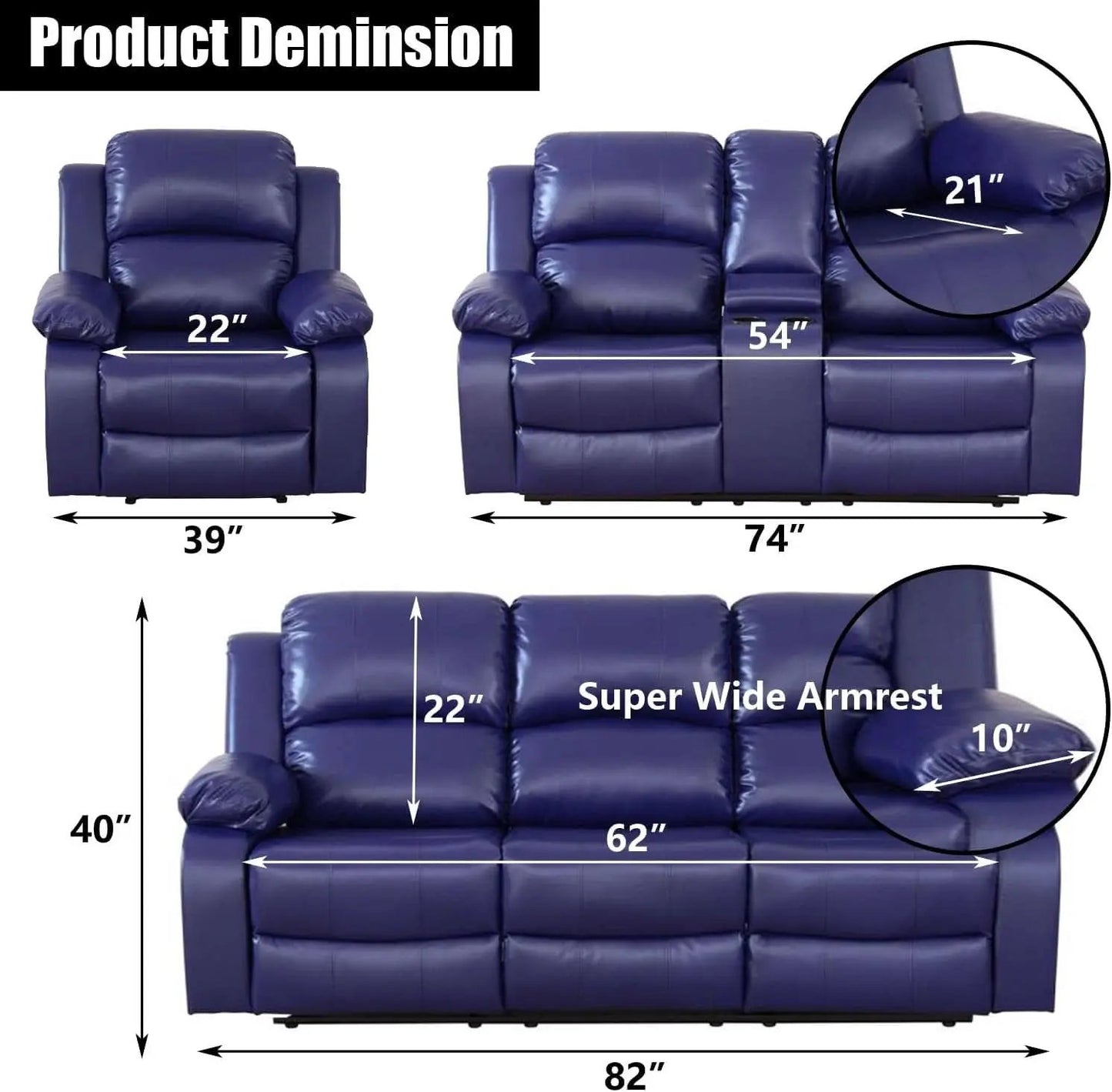 Blue Leather Reclining Sofa Set With Drop Table And Storage from PriceLows™