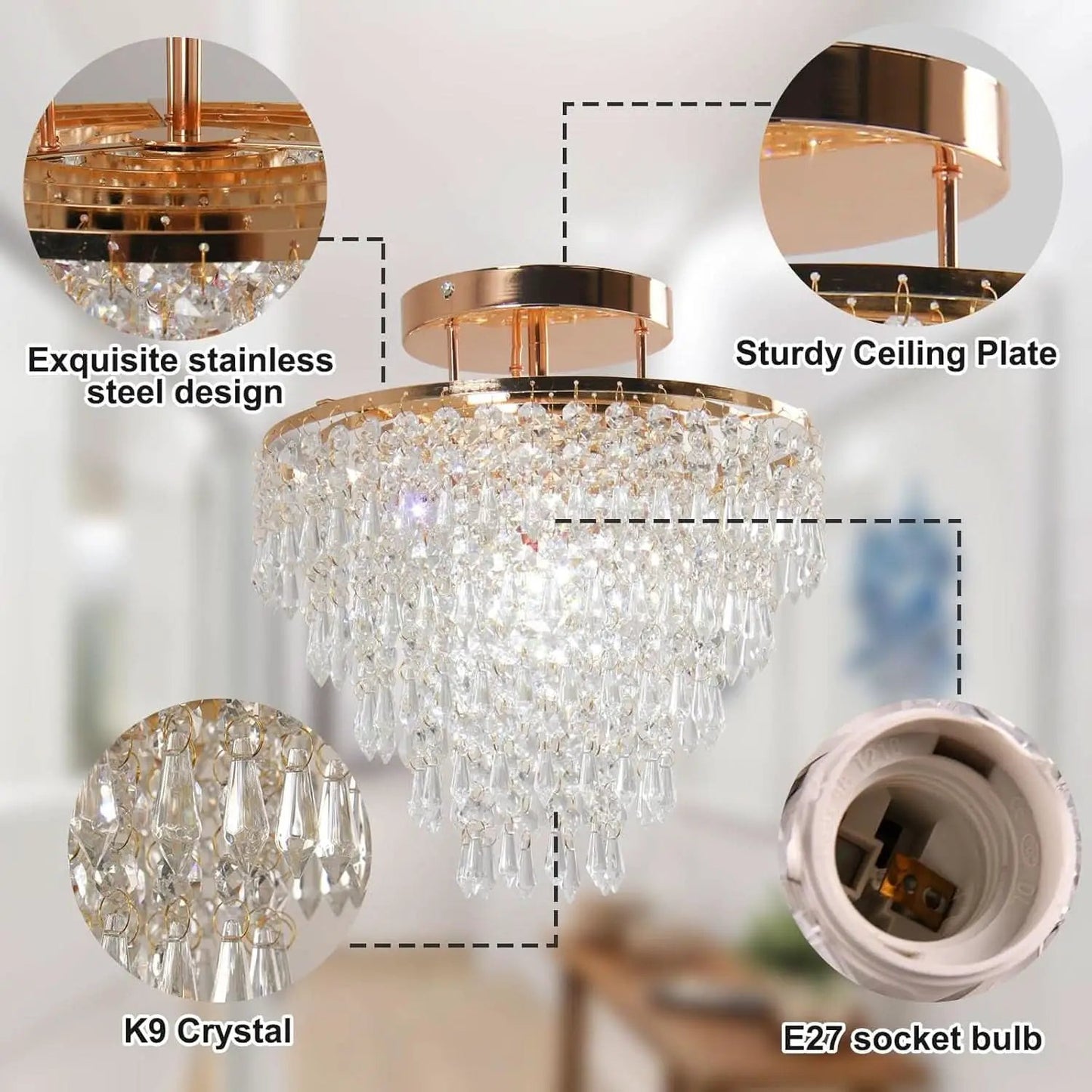 Gold Crystal Flush Mount Chandelier 30cm Ceiling Light from PriceLows™