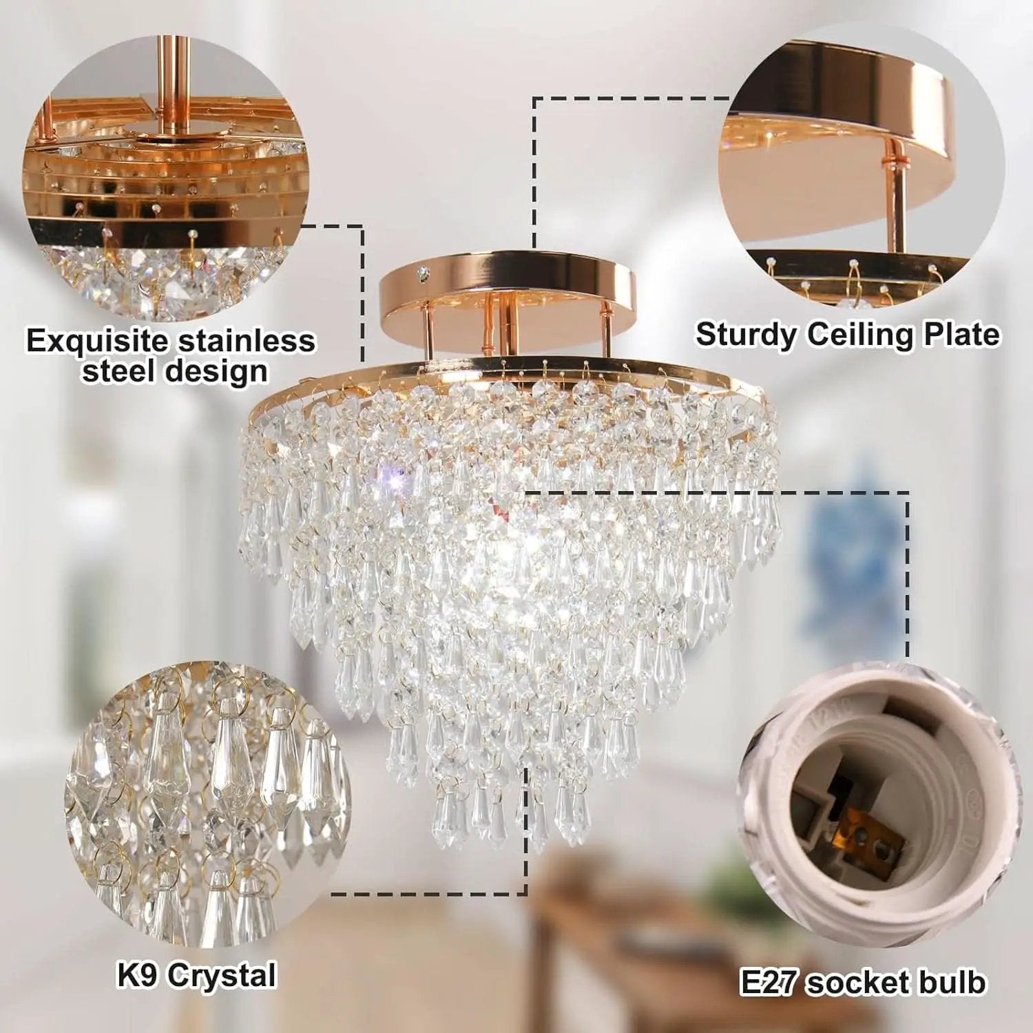 Gold Crystal Flush Mount Chandelier 30cm Ceiling Light from PriceLows™