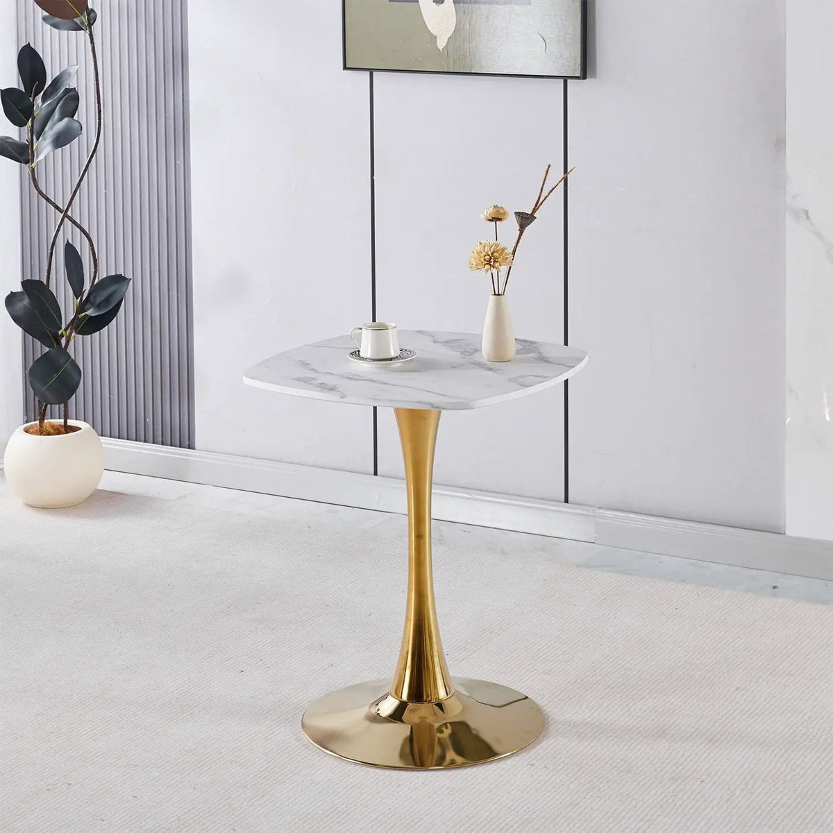 Square Tulip Dining Table For 2 4 People | 23.62 x 23.62 x 28.93 in | Metal & Mdf | Golden / White