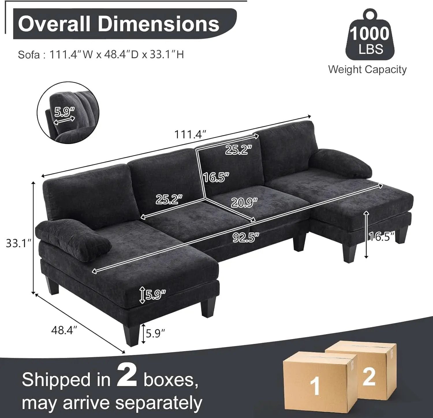 U Shape Sectional Sofa 111 Inch Black Living Room Setup from PriceLows™