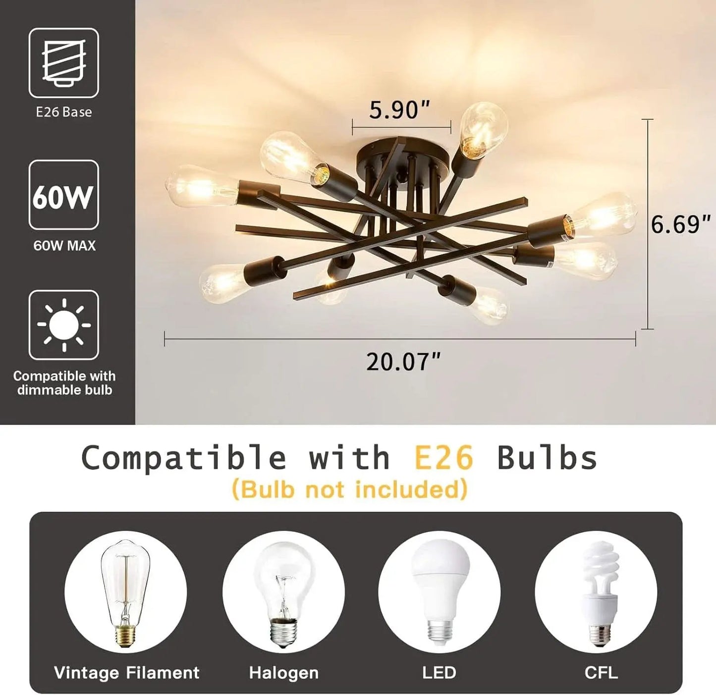 8 Light Matte Black Sputnik Chandelier Semi Flush Mount from PriceLows™