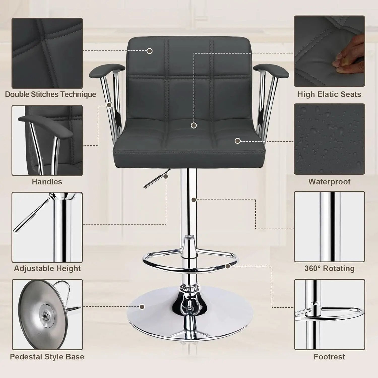 Two Adjustable Swivel Bar Stools With Back Grey PU Leather from PriceLows™