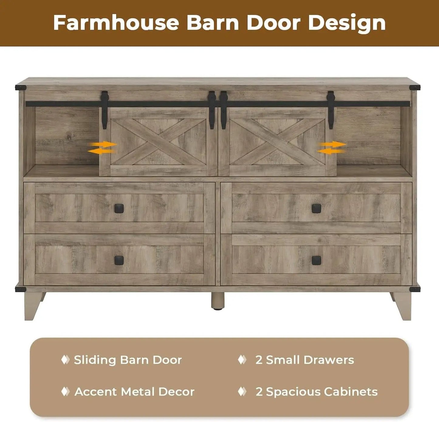 Six Drawer Dresser Rustic Oakwood Sliding BarnDoor from PriceLows™