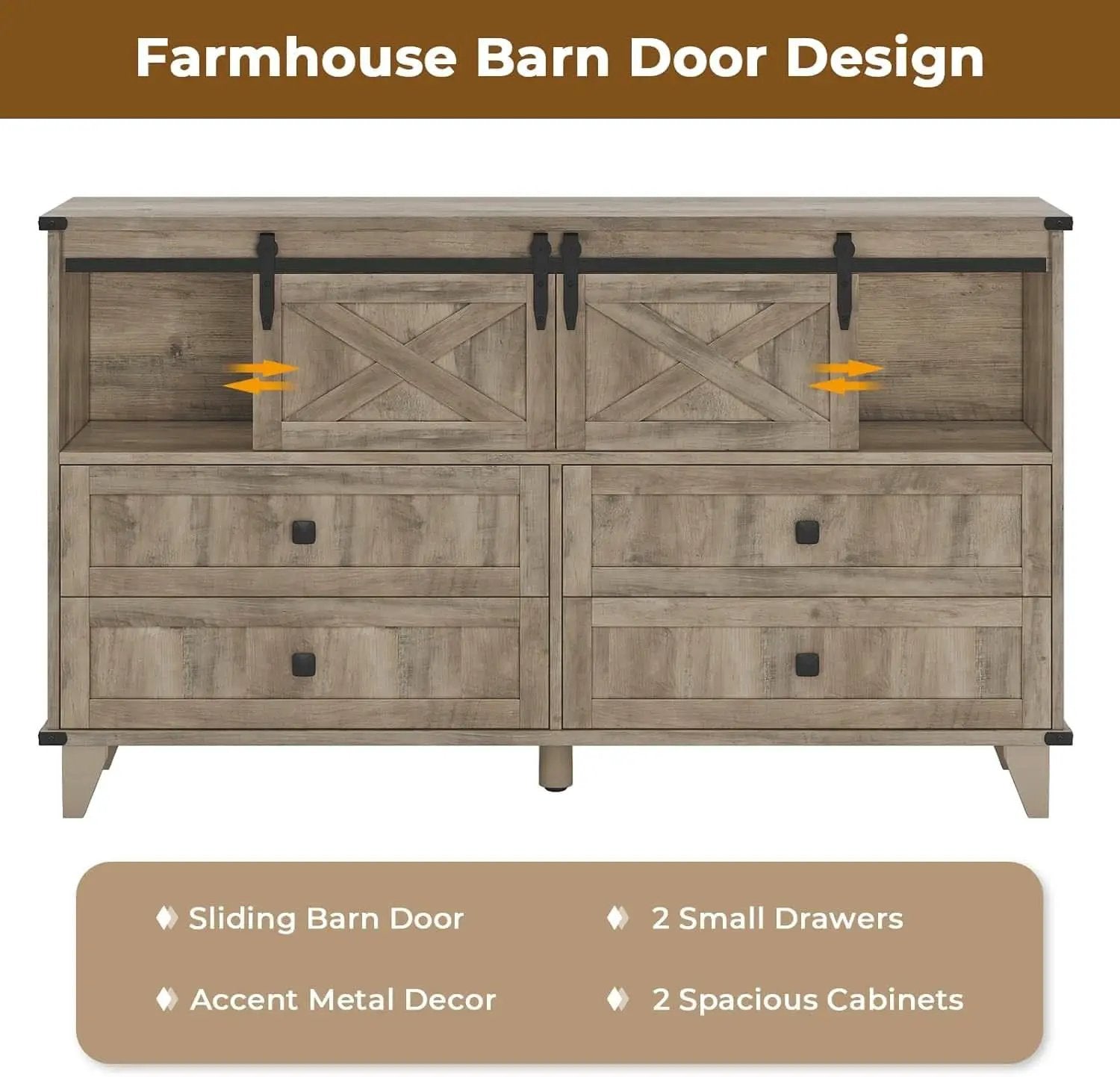 Six Drawer Dresser Rustic Oakwood Sliding BarnDoor from PriceLows™