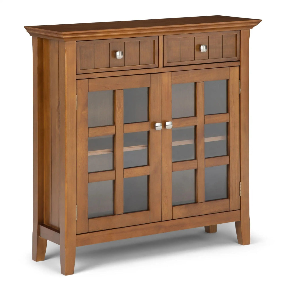 Acadian Entryway Storage Cabinet | Handcrafted Solid Wood | Two Drawers | Tempered Glass Doors