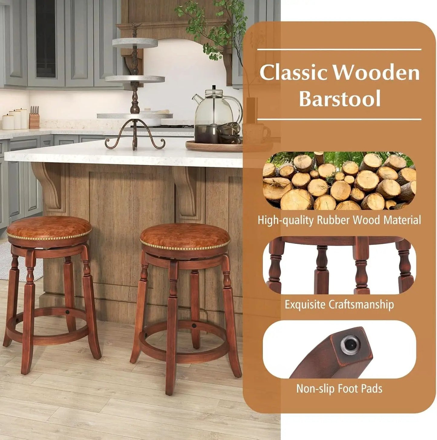 24 Inch Swivel Bar Stool Set Of 2 With Upholstered Seat And Rubber Wood Frame For Kitchen Island from PriceLows™