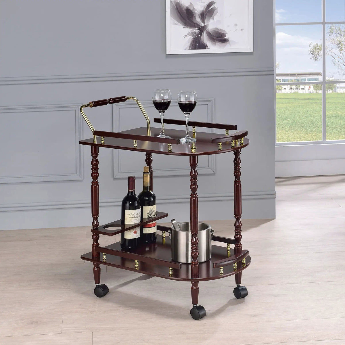 Palmer 2-tier Rectangular Wood Bar Cart Merlot | 24.75 x 15.75 x 31.25 in | Metal & Wood | Home