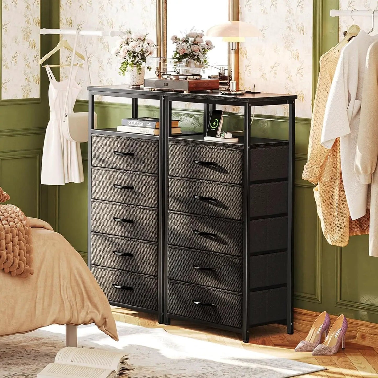 Black Five Drawer Dresser With Integrated Charging Station from PriceLows™