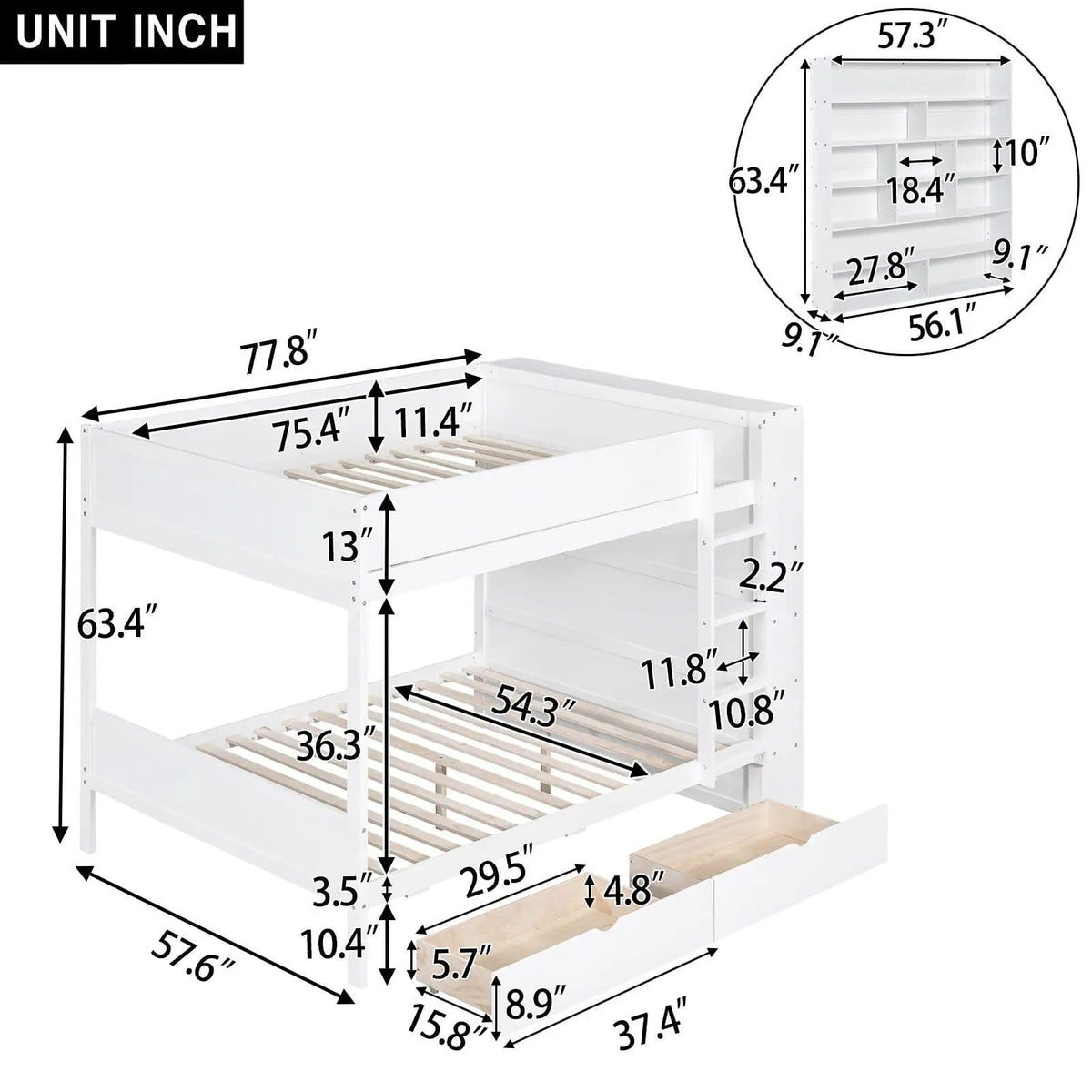 Bunk Bed With 2 Drawers And Multi Layer Cabinet | 2 Pieces | Pine Wood | Bedroom