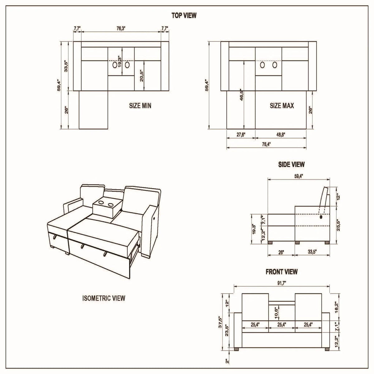 Territory Pull Out Sofa Bed Sleeper Sectional | 3 Pieces | Fabric | Bedroom