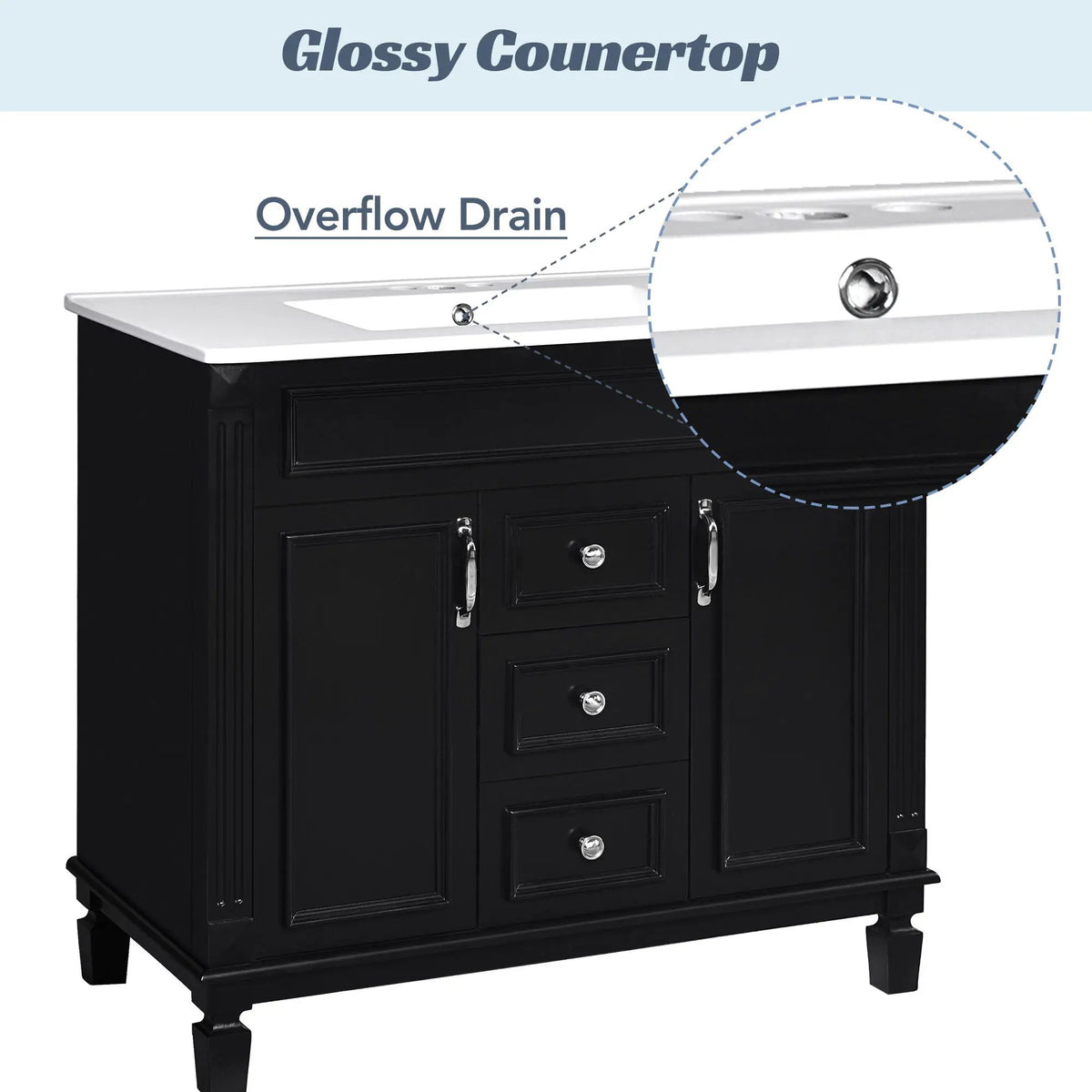 36 Inch Bathroom Vanity With Top Sink | Basin On Cabinet | 2 Soft Closing Doors | 2 Drawers