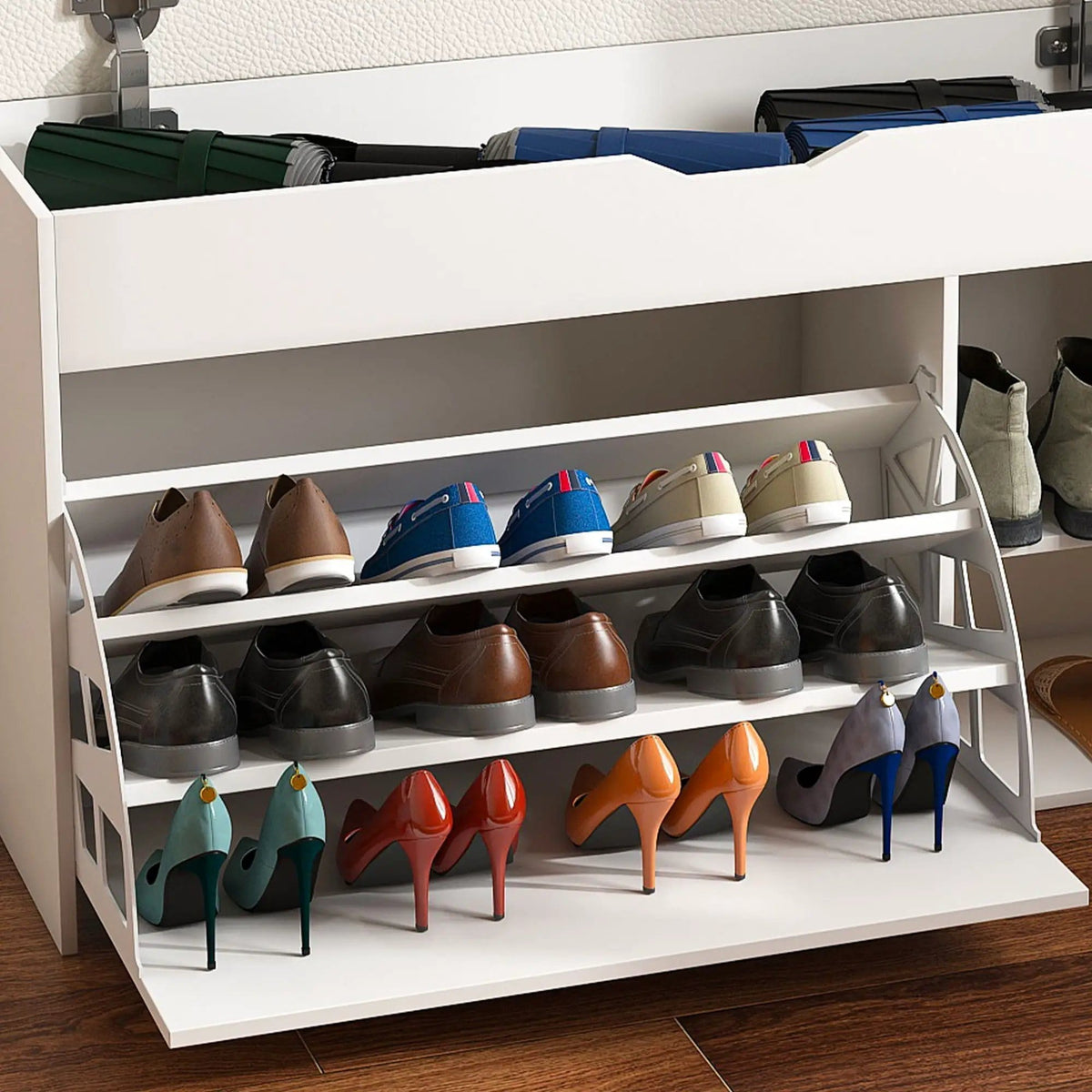 Modern Design Entryway Bench With Adjustable 3 Tier Flip-Up Drawers And Hidden | 39.37 x 11.81 x 20.47 in | 3-Tier | White