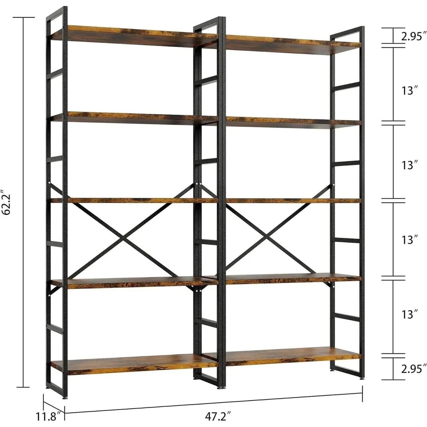 Pair Of 5 Shelf Bookcases Rustic Brown Industrial Tall from PriceLows™