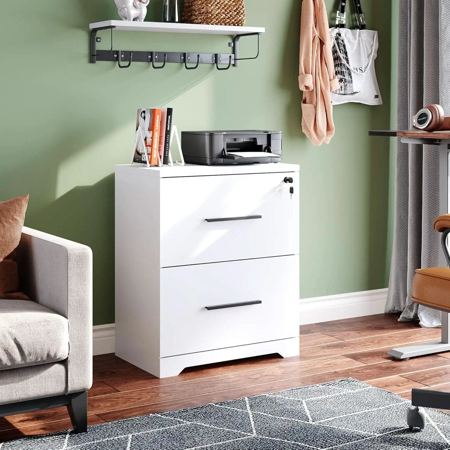 2 Drawer White Wood Lateral File Cabinet With Lock For Office Or Home Use Fits Any Desk from PriceLows™