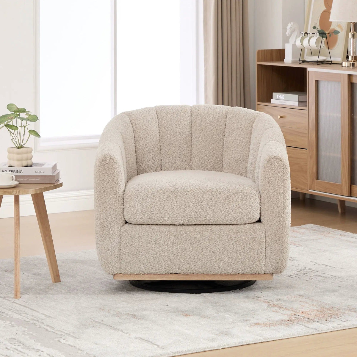Swivel Upholstered Barrel Chair With Metal Base | Swivel Chair | Fabric & Iron | Home